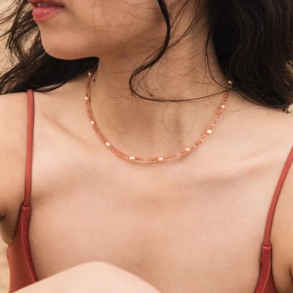 peach fuzz dainty pearl beaded necklace for women