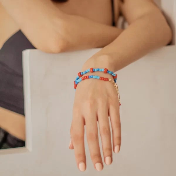 blue red glass seed bead bracelet for women