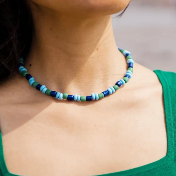 blue green big bead necklace for women