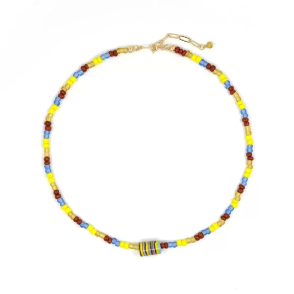summer brown yellow blue glass seed bead necklace
