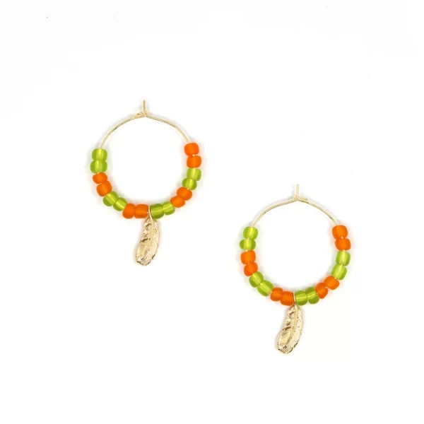 orange green glass bead hoop earrings