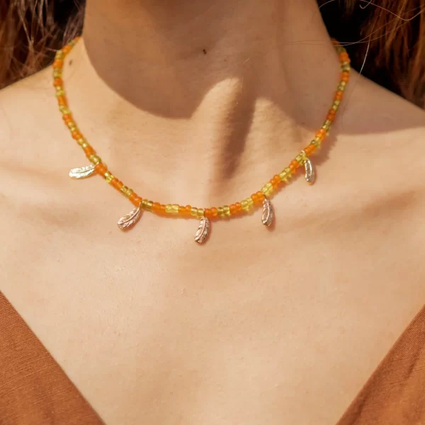 orange green glass seed bead necklace for women