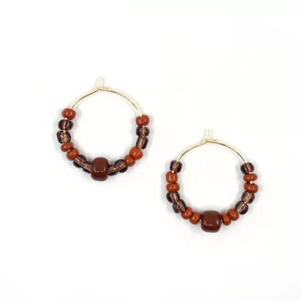 brown purple glass beads hoop earrings