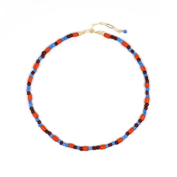 Brown Orange Blue Glass Seed Bead Necklace for women