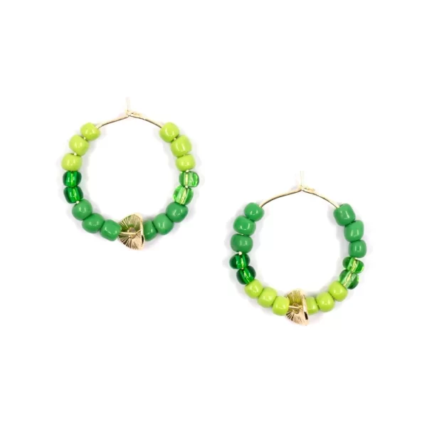 green glass beaded hoop earrings