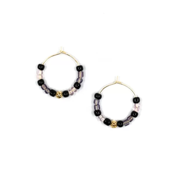 black purple glass bead hoop earrings