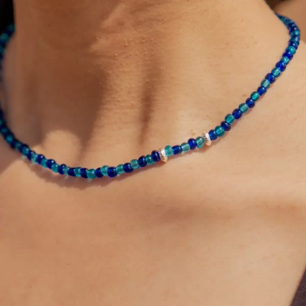 blue glass seed bead necklace for women