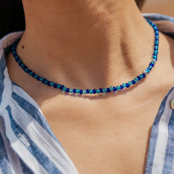 blue glass seed bead necklace for women