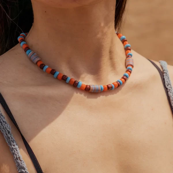 Brown Orange Blue Handmade Glass Bead Necklace for women