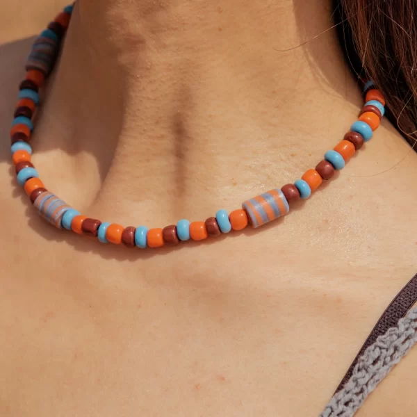 Brown Orange Blue Handmade Glass Bead Necklace for women