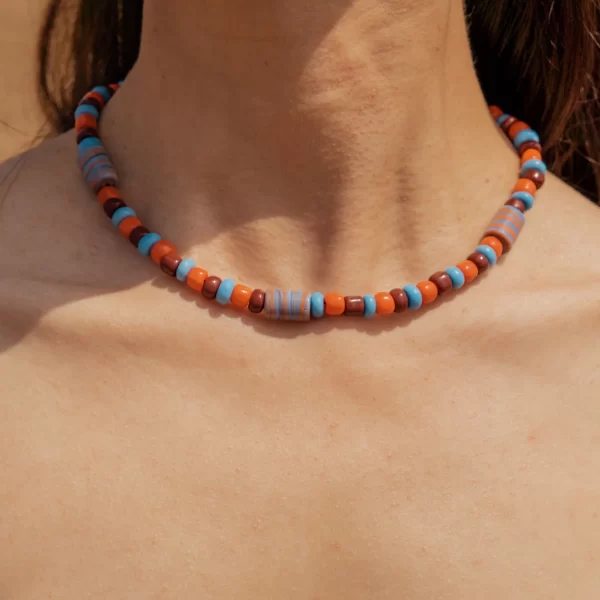 Brown Orange Blue Handmade Glass Bead Necklace for women