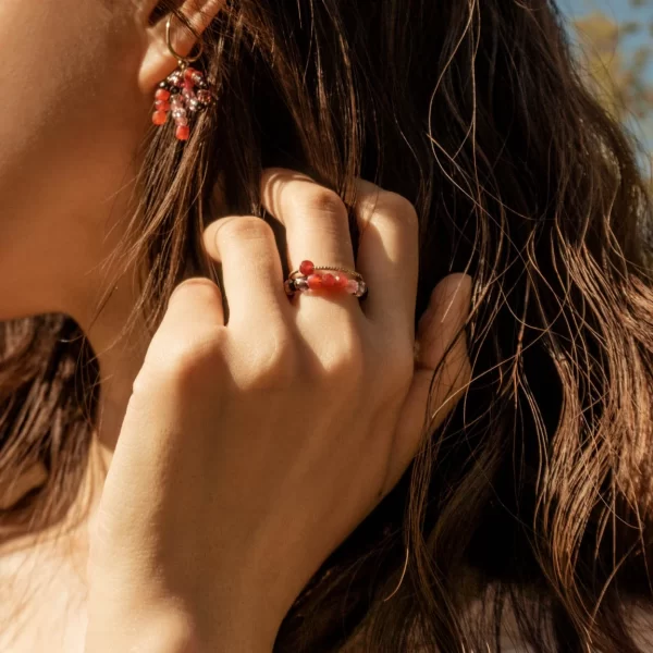 pink black red beaded ring set