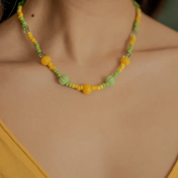 yellow green glass beads necklace for women