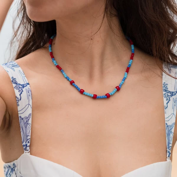 blue red glass beaded necklace for women