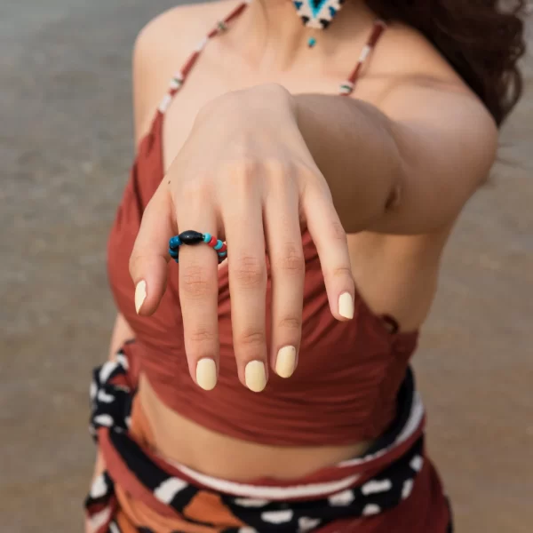 black blue red glass bead ring for women