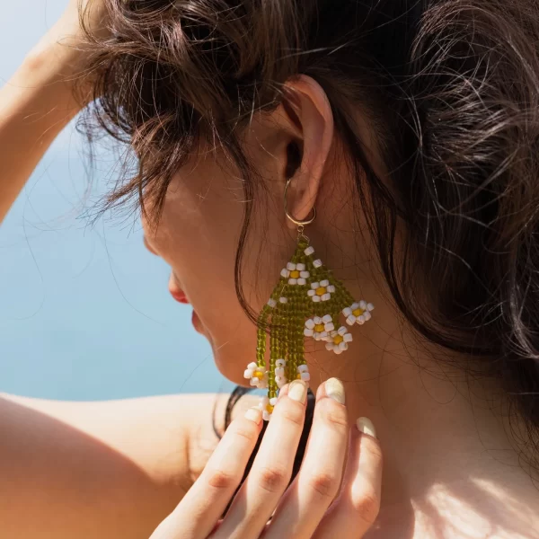 long unique dangle handmade green flower earrings for non pierced ears