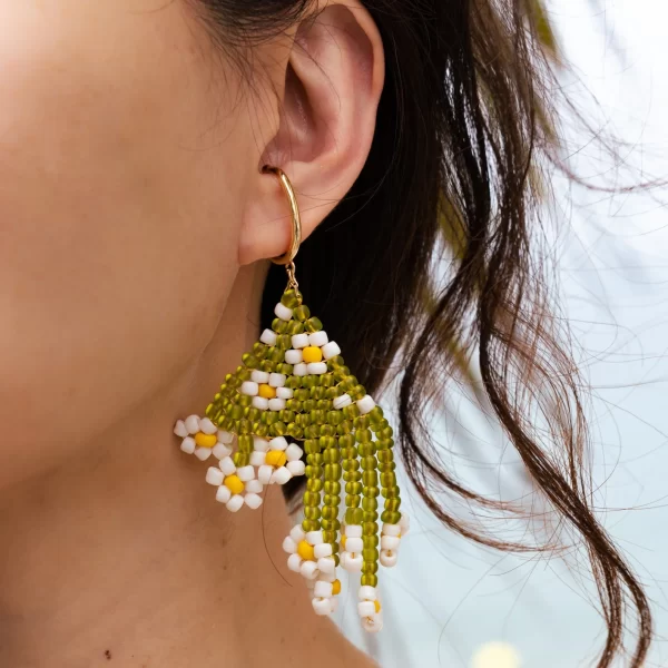 long unique dangle handmade green flower earrings for non pierced ears