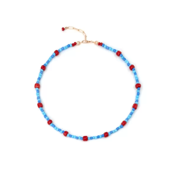 blue red glass beads station necklace for women