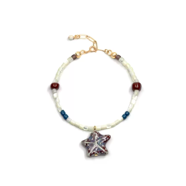 blue white seed bead bracelet with starfish pendant for women