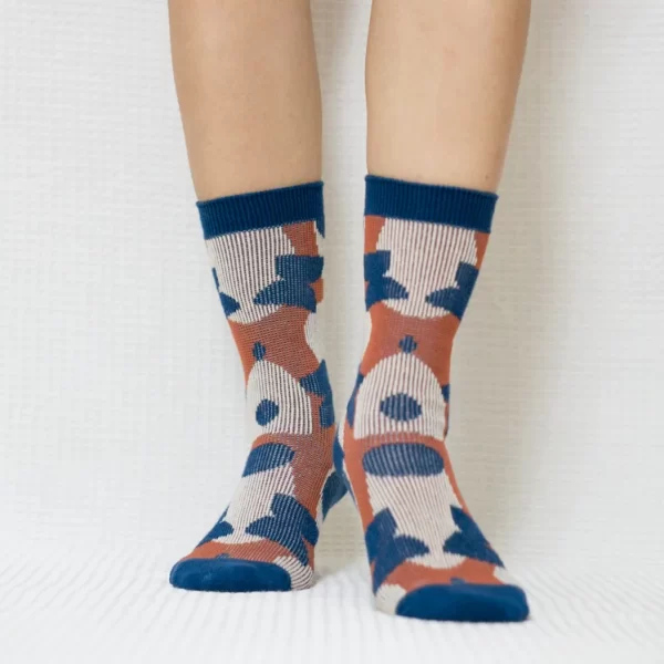 Beige Floral Print Quarter Combed Cotton Socks for Women