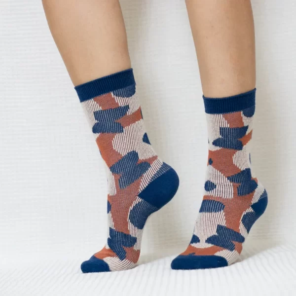 Beige Floral Print Quarter Combed Cotton Socks for Women