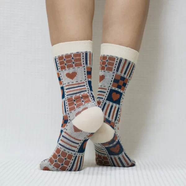 Beige Heart Patterned Quarter Combed Cotton Socks for Women