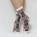 Beige Heart Patterned Quarter Combed Cotton Socks for Women