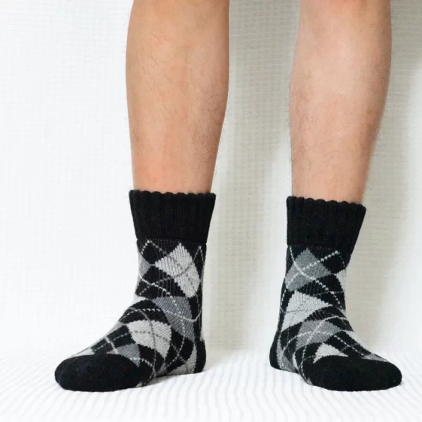 Black Argyle Print Quarter Wool Socks for Men