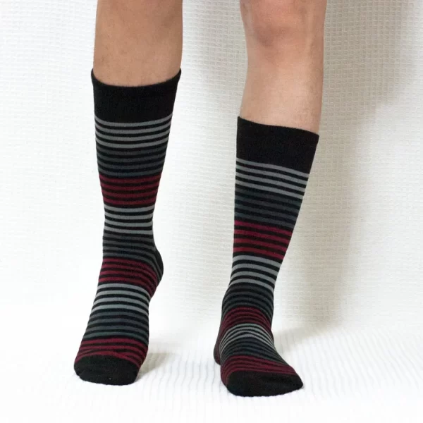 Black Red Grey Stripe Calf Combed Cotton Socks for Women