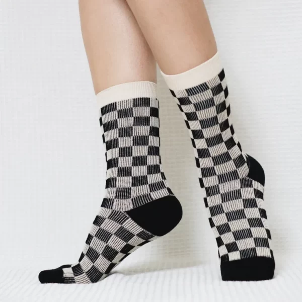 Black White Checkered Quarter Combed Cotton Socks for Women