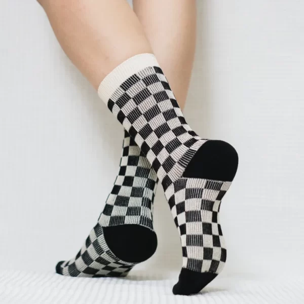 Black White Checkered Quarter Combed Cotton Socks for Women