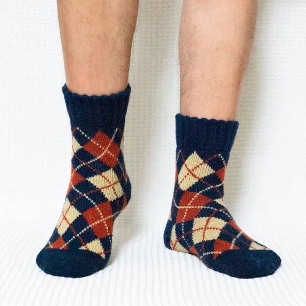 Blue Argyle Print Quarter Wool Socks for Men