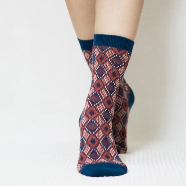 Blue Red Diamond Quarter Combed Cotton Socks for Women