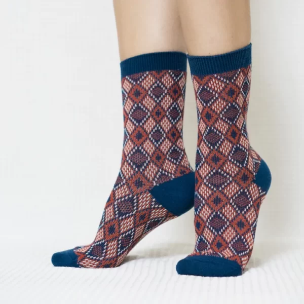 Blue Red Diamond Quarter Combed Cotton Socks for Women