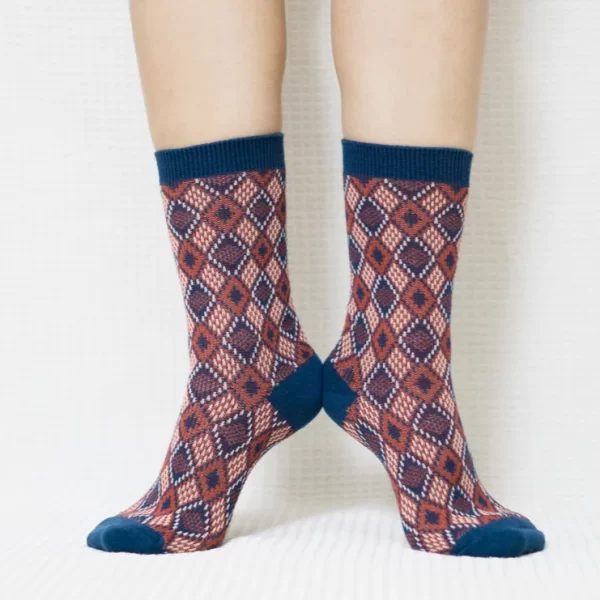 Blue Red Diamond Quarter Combed Cotton Socks for Women