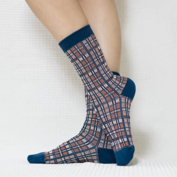 Blue Red Mini Plaid Quarter Combed Cotton Socks for Women