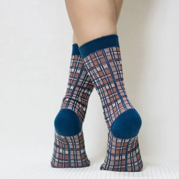 Blue Red Mini Plaid Quarter Combed Cotton Socks for Women