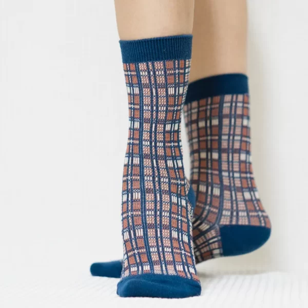 Blue Red Mini Plaid Quarter Combed Cotton Socks for Women