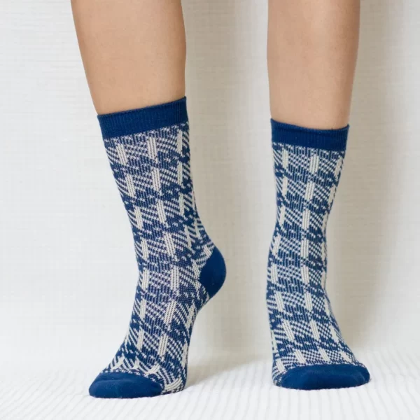 Blue White Plaid Quarter Combed Cotton Socks for Women