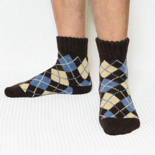 Brown Argyle Print Quarter Wool Socks for Men