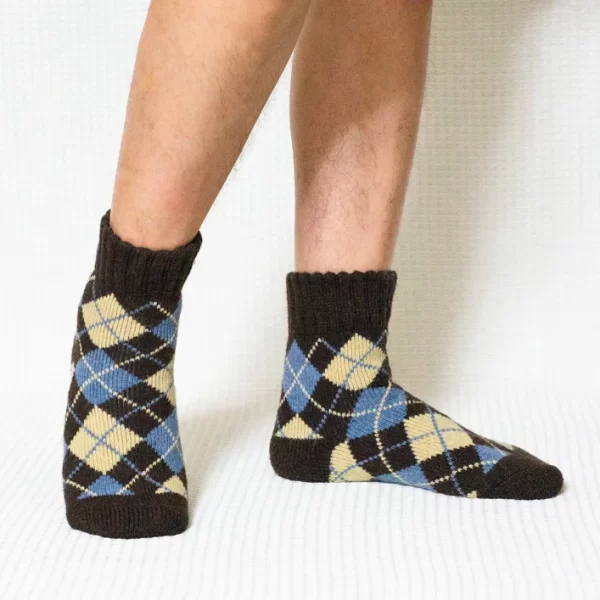 Brown Argyle Print Quarter Wool Socks for Men