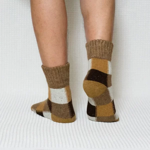 Brown Colored Plaid Quarter Wool Socks for Men