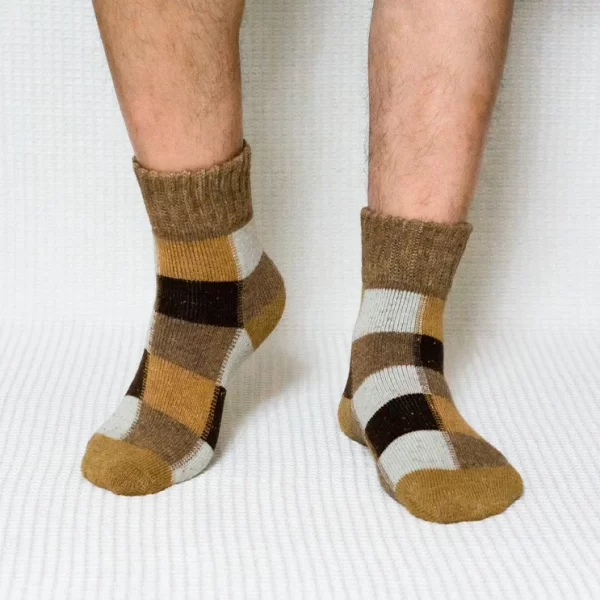 Brown Colored Plaid Quarter Wool Socks for Men