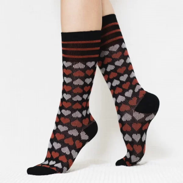 Black Candy Heart Calf Combed Cotton Socks for Women