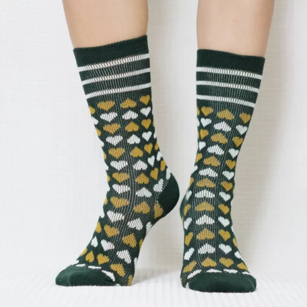 Green Candy Heart Quarter Combed Cotton Socks for Women