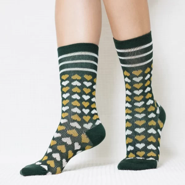 Green Candy Heart Quarter Combed Cotton Socks for Women