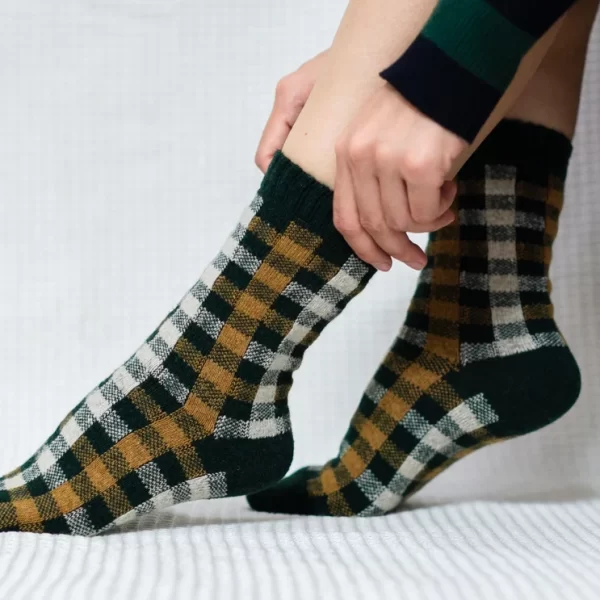 Green Checkered Wool Quarter Socks for Women