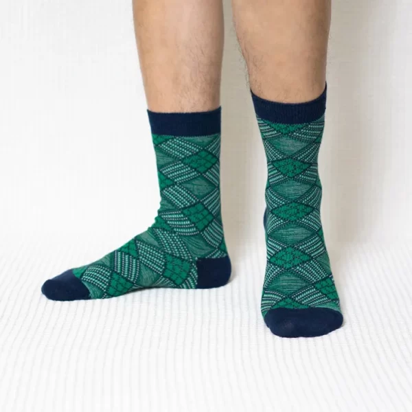 Green Diamond Grid Quarter Combed Cotton Socks for Men