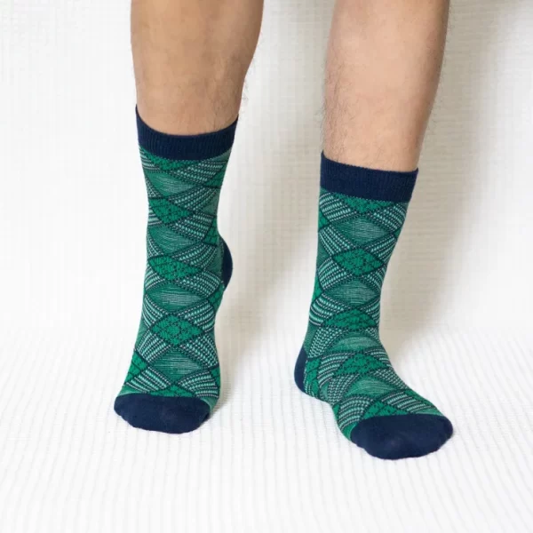 Green Diamond Grid Quarter Combed Cotton Socks for Men