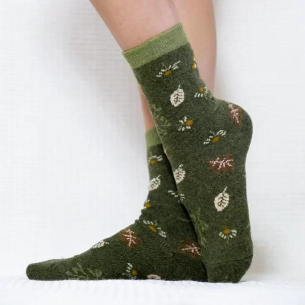 Green Flower Print Quarter Wool Socks for Women